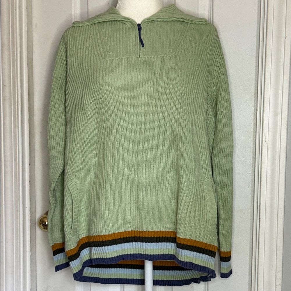 Denim&Co Mint Green Half-Zip Hooded Sweater with Striped Hem